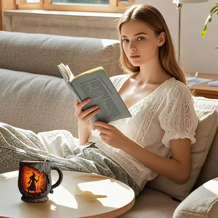 Artystyczny Kubek 3D na Halloween – Z Motywem Czarownicy i Kota